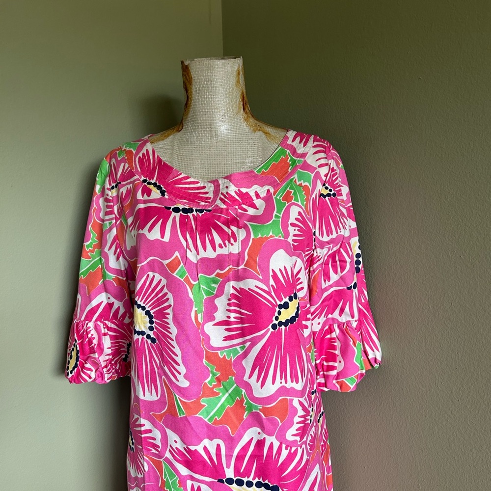 Lilly Pulitzer Silk Pink and Green Floral 3/4 Sleeve Tunic Dress Top Sz - Picture 8 of 10